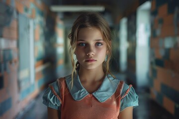A young girl in an orange dress and vintage style stares intently, standing in a dimly lit corridor