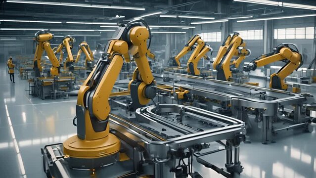 A modern factory featuring a sophisticated robotic assembly line. The image highlights multiple yellow robotic arms efficiently working on production tasks, illustrating advanced automation 
