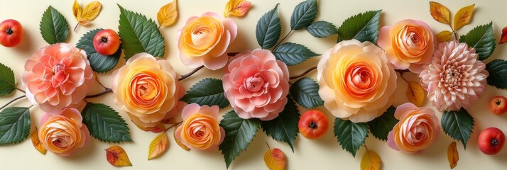 Beautiful floral arrangement featuring mixed flowers with vibrant colors, accompanied by lush leaves and small red apples, perfect for decorative design and print.
