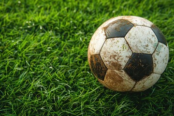 A dirty and worn soccer ball suggests frequent play and passion for the game on a grass field