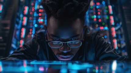 Fototapeta premium Black African American IT specialist top view working on cyber security artificial intelligence