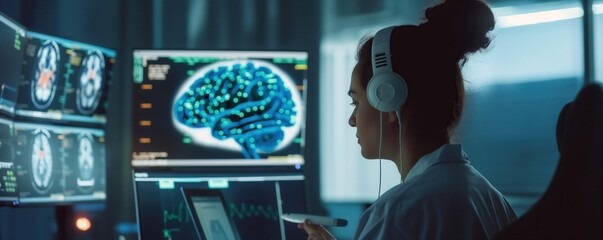 Fototapeta premium Medical professional examining patients brain front view using advanced technology intelligence software in a hospital advanced tone Triadic color scheme