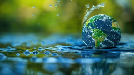 Earth globe surrounded by water elements, theme of environmental protection and saving water, green and blue hues, abstract background