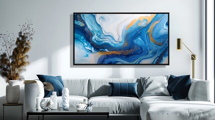 A modern abstract painting in a minimalist frame, featuring bold, swirling colors in shades of blue and gold, creating a sense of movement and depth