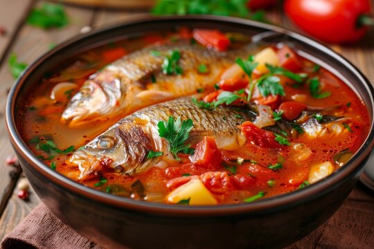Close up of a bowl with fish tomato soup vegetables and paprika on table