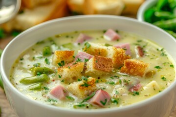 Close up of asparagus cream soup with ham croutons in white bowl