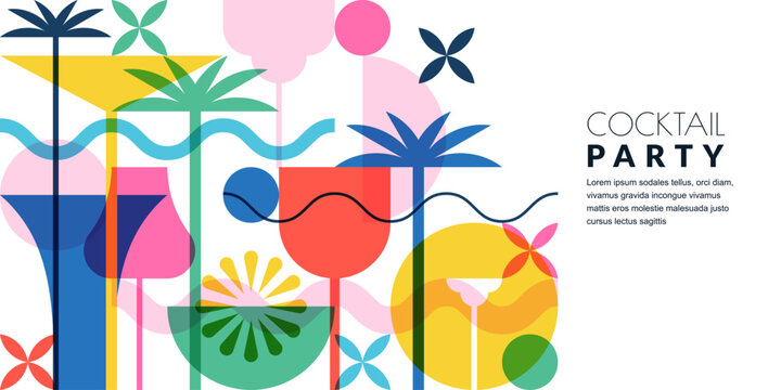 Beach cocktails party horizontal banner, poster template. Vector illustration. Abstract geometric color block flat design. Alcohol cocktail menu, tropical bar elements on white background