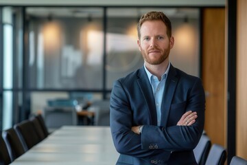 confident businessman with arms crossed in modern conference room lifestyle photo