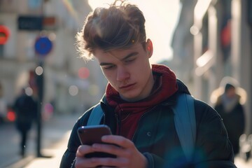 Fototapeta premium connected generation young caucasian man engrossed in smartphone on urban street candid closeup