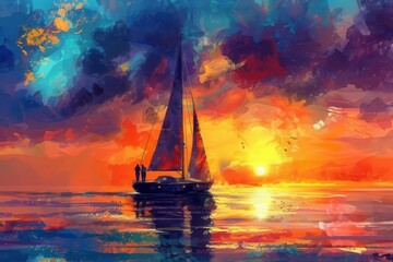 couple enjoying romantic sailboat adventure at sunset digital painting