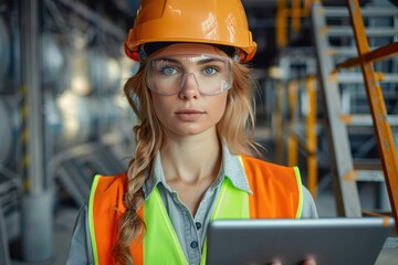 A focused female engineer wearing a hard hat and safety glasses holding a tablet in an industrial setting