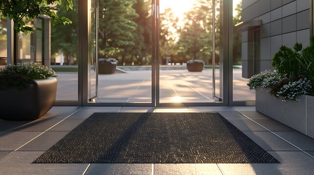 A neutral-toned mat placed at the entrance of a modern office building, complementing the architectural design