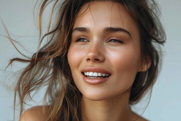 A smiling woman with natural makeup and wind-swept hair gives off a radiant and easygoing vibe
