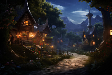 Fantasy fairy tale scene with fantasy village in the forest  