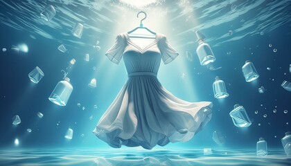 cleaning clothes washing machine or detergent liquid commercial advertisement style with floating shirt and dress underwater