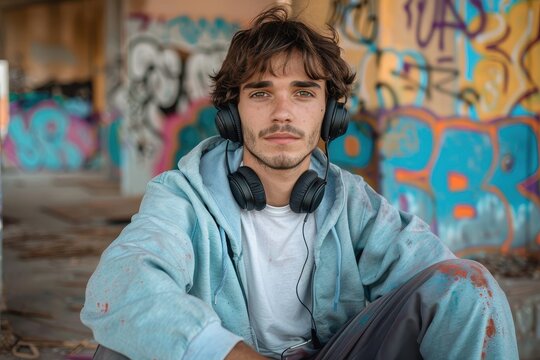 A thoughtful young man sits with headphones around his neck against a colorful graffiti wall, exuding a chill, urban vibe