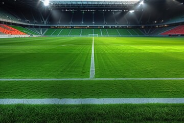Obraz premium A view from the center of a soccer field, showing the midfield line and goalposts in a large stadium