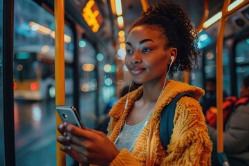 Young African American woman smiling while using her smartphone on a city bus at night