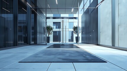 A neutral-toned mat placed at the entrance of a modern office building, complementing the architectural design