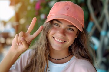 Teen girl with bright smile posing with a peace sign in a cafe, wearing a pink cap