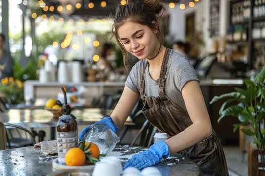 A smiling young female cleaner in gloves wiping a table with a cloth in a trendy cafe setting