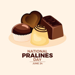 National Pralines Day poster vector illustration. Chocolate candies icon vector. Pile of various chocolate pralines drawing. Template for background, banner, card. June 24 every year. Important day