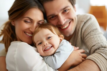 Fototapeta premium A smiling family with a baby girl at home.