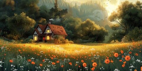 A house in a field of flowers with a stunning natural landscape