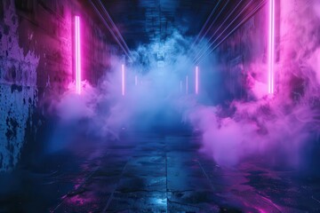 dark concrete street with neon lights and smoke abstract urban background 3d rendering