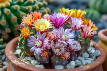 Closeup of vibrant cactus in greenhouse part of cactus garden Tips for trendy mini cactus collection Green background