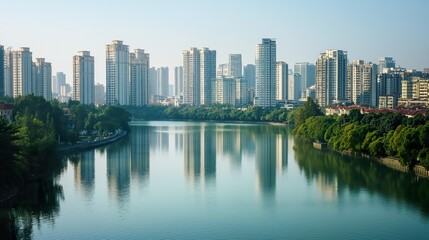 Fototapeta premium A cityscape of Shenzhen, China, featuring numerous skyscrapers reflected in a calm body of water, with lush greenery along the banks.