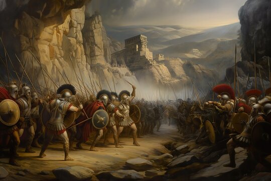 A painting depicting Greek soldiers marching through a mountain pass, likely a scene from the Greco-Persian Wars.