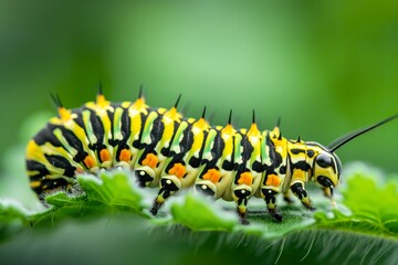 Obraz premium Close-up of a colorful caterpillar on a green leaf.