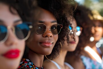 A woman with dark curly hair wearing sunglasses looks at the camera while standing in a group of other women.