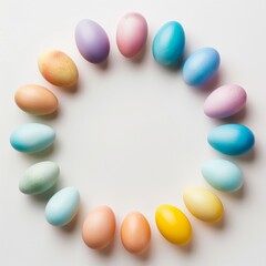 Top view of beautiful Easter eggs in a circle on table