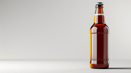 wide photo of isolated brown color transparent glass beer bottle mockup with full of beer on white color empty background