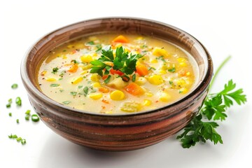 Corn soup in a white bowl