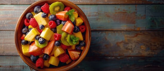 Fresh Fruit Salad in a Wooden Bowl from Above.