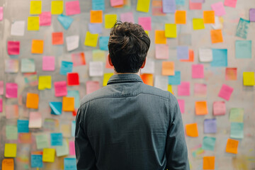 Young man standing in front of wall covered with adhesive notes, back view, creative concept of strategic business planning, organization.
