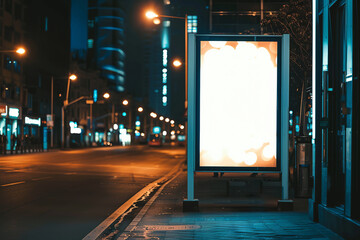 Obraz premium Digital media blank black and white screen modern panel signboard for advertisement design at city street bus stop sign at nigh, commercial and marketing concept.