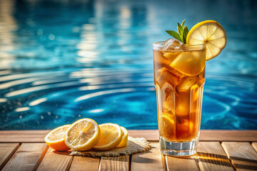 Cold tea with ice and lemon on a wooden surface against the backdrop of a swimming pool with blue water. Selective focus. Summer refreshing drink. - Powered by Adobe