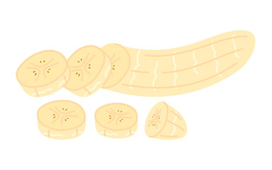 Fresh peeled and cut into pieces banana. Hand drawn flat style banana isolated on transparent. Exotic tropical yellow fruit, banana snack, healthy vegetarian food. Vector clip art illustration.