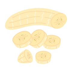 Fresh peeled and cut into pieces banana. Hand drawn flat style banana isolated on transparent. Exotic tropical yellow fruit, banana snack, healthy vegetarian food. Vector clip art illustration.