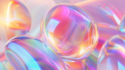 Iridescent glass spheres with a colorful abstract background in a pastel gradient setting