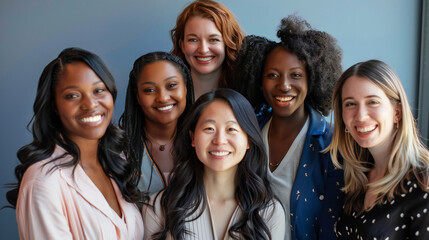Women's Equality Day photoshoot, International Women's day photoshoot, group of diverse multiracial and multi ethnic female colleagues smiling