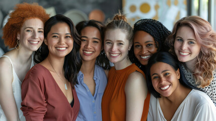Fototapeta premium Women's Equality Day photoshoot, International Women's day photoshoot, group of diverse multiracial and multi ethnic female colleagues smiling