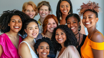 Women's Equality Day photoshoot, International Women's day photoshoot, group of diverse multiracial and multi ethnic female colleagues smiling