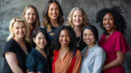 Women's Equality Day photoshoot, International Women's day photoshoot, group of diverse multiracial and multi ethnic female colleagues smiling