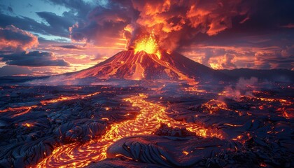 Capture the majestic eruption of a volcano at dusk, focus on the flowing lava, natural power theme, dynamic, Silhouette, with a fiery sky backdrop