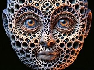 Surreal Face with Circular Hole Patterns, evoking Trypophobia.